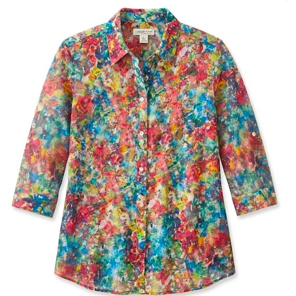 Coldwater Creek Tops - Coldwater Creek Watercolor Floral Button Down 3/4 Sleeve Shirt Cotton Silk 1X